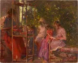 Sotto la pergola by Ludovico Tommasi, oil on canvas applicata on cardboard, offered Oct 2024