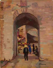 Mario Puccini, Sotto il Torrione di Piombino, oil on compensato