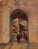 Mario Puccini, Sotto il Torrione di Piombino, oil on compensato