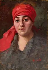 Il fazzoletto rosso by Angiolo Tommasi, oil on cardboard, offered Oct 2024