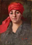 Il fazzoletto rosso by Angiolo Tommasi, oil on cardboard, offered Oct 2024