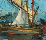 Mario Puccini, Porto dopo la buriana, oil on cardboard