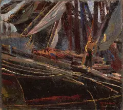 Mario Puccini, Barconi in porto dopo la pioggia a sera con figura, 1917, oil on canvas
