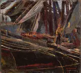Mario Puccini, Barconi in porto dopo la pioggia a sera con figura, 1917, oil on canvas