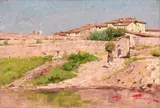 In riva all'Arno by Angiolo Tommasi, oil on tavoletta, offered Oct 2024