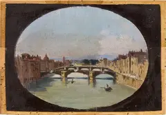 Veduta dell'Arno a Firenze by Giuseppe Moricci, oil on canvas applicata on compensato, offered Oct 2024