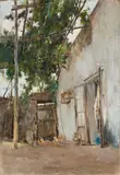 Giuseppe Casciaro, Rustico con pergolato, mixed media on card