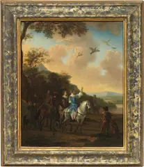 Simon Johannes van Douw, Scena di falconeria, oil on panel