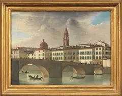 Fabio Borbottoni, Veduta del Lungarno di Firenze dal Ponte alla Carraia con il campanile della Chiesa di Santo Spirito sullo sfondo, oil on canvas