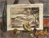 Filippo de Pisis, Natura morta con la stampa del Lorena, 1927, oil on paper applicata on canvas