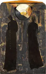 Bruno Ceccobelli, I tre canonici, 1991, assemblaggio and mixed media on panel