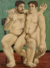 Uomo con giovane seduto sulla gamba sinistra by Livio Scarpella, 1993, oil and mixed media on panel, offered May 2024