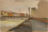 Pietro Annigoni, Passerella in legno sul Lungarno fiorentino, oil and tempera grassa on card