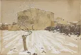 Paesaggio nevoso by Adolfo Tommasi, gouache on paper applicata on card, offered Apr 2024
