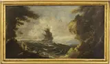 Gaetano Ottani, Veduta marina con vascello, oil on canvas