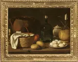 Carlo Magini, Natura morta con cesto di vimini, chiave, formaggi e piatto con uova, oil on canvas