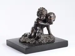 Cherubino con cane e rana by Giuseppe D'aste, scultura in bronze, offered Feb 2024