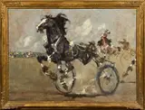 Julius Seyler, Corsa al trotto, oil on paper applicata on canvas