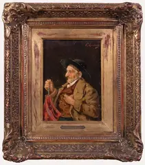 Vecchio con ombrello by Federico Andreotti, oil on panel, offered Feb 2024