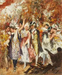 Carnevale by Vincenzo Migliaro, oil on compensato, offered Feb 2024