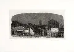 Ruderi in periferia by Paolo Manaresi, 1968, etching, offered Feb 2024