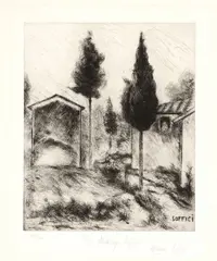 La casa del Berna by Ardengo Soffici, 1964, etching, offered Feb 2024