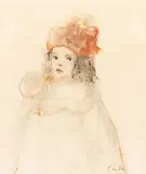 Léonor Fini, Ritratto di fanciulla con cappello rosso, gouache and mixed media on paper
