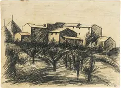 Paesaggio (case e pagliai) by Ottone Rosai, 1937, charcoal acquerellato con fondo di caffè on paper, offered Dec 2023