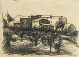 Ottone Rosai, Paesaggio (case e pagliai), 1937, charcoal acquerellato con fondo di caffè on paper