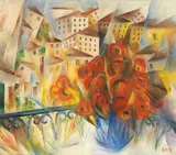 Paesaggio e vaso di fiori by Roberto Marcello Iras Baldessari, 1917, oil magro and ritocchi a tempera on canvas, offered Dec 2023