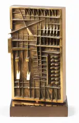 Doppio rilievo by Arnaldo Pomodoro, 1980, bassorilievo in bronze dorato, offered Dec 2023