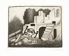 Letto e macerie by Giuseppe Viviani, 1952, etching, offered Dec 2023