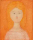 Antonio Bueno, Ragazza su fondo arancio, 1962, oil on faesite