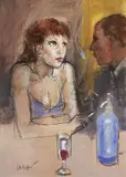 Alberto Sughi, Al caffè, mixed media on paper applicata on canvas