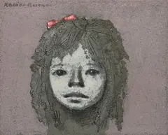 Bambina con fiocchetto rosso by Xavier Bueno, 1974, oil and mixed media on canvas, offered Dec 2023