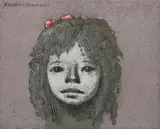 Xavier Bueno, Bambina con fiocchetto rosso, 1974, oil and mixed media on canvas