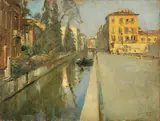Gianni Maimeri, Barca sul Naviglio di via Senato, 1929, oil on compensato