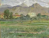 Galileo Chini, Le Apuane dal Lido di Camaiore, oil on compensato