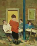 Al caffè by Renato Natali, oil on compensato, offered Oct 2023