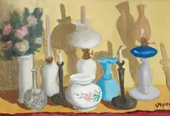 Vasi, candelieri e lumi sul piano by Guido Peyron, oil on canvas, offered Oct 2023