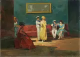 L'incontro by Renato Natali, oil on compensato, offered Oct 2023