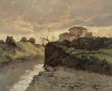 Gino Romiti, Tramonto sul fiume, oil on compensato