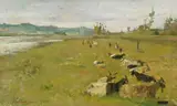 Capre al pascolo sul greto dell'Arno by Ludovico Tommasi, oil on tavoletta, offered Oct 2023