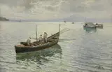 Attilio Pratella, Barca con pescatori a Mergellina, oil on panel