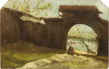 Vittore Antonio Cargnel, Cascinale con figure, oil on panel