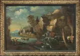 Domenico Pecchio, Paesaggio con veduta marina, cascata, castello e pescatori, oil on canvas