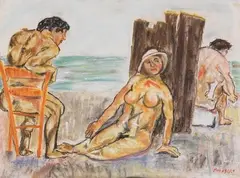 Fausto Pirandello, Bagnanti, pastel on paper
