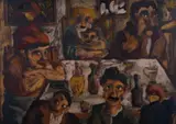Beppe Serafini, Tavolata, oil on cardboard