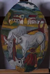 Contadino con buoi by Beppe Serafini, mixed media on cardboard, offered Jul 2023