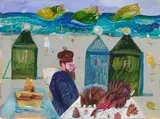 Una spiaggia by Antonio Possenti, 1985, oil on canvas board, offered Jul 2023